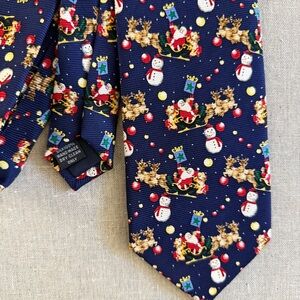 Cape Cod Neckwear Silk Christmas Tie with Santa, Rudolph, Frosty Snowman Blue